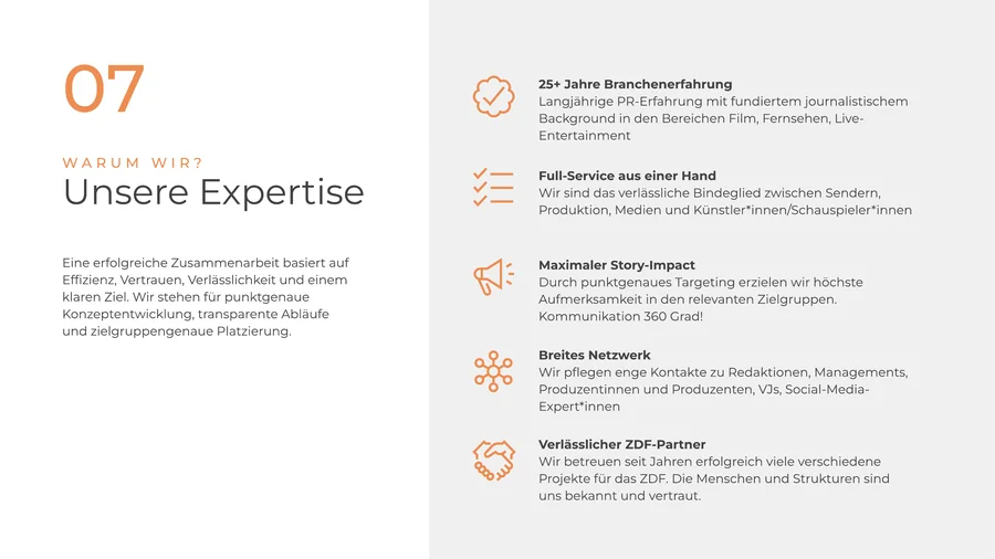 Präsentationsfolie „Unsere Expertise“ mit fünf Stärken und Symbolen