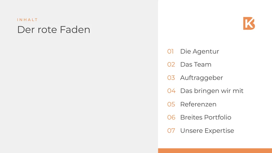 Präsentationsfolie „Der rote Faden“ mit dem Inhalt in sieben Kapiteln