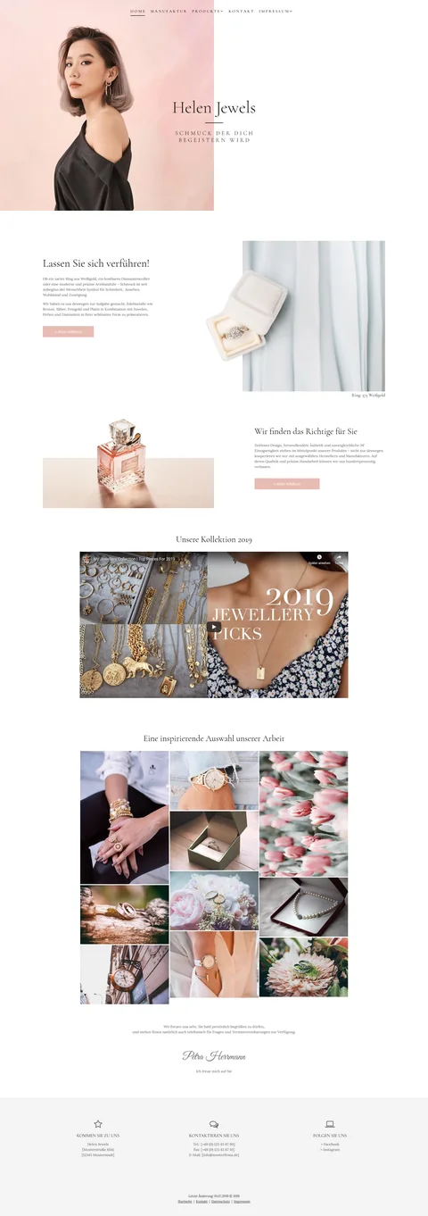 Ganze Startseite: Helen Jewels, Schmuckmanufaktur: Porträt auf Rosé, Produktbilder und ein Raster aus Schmuckaufnahmen