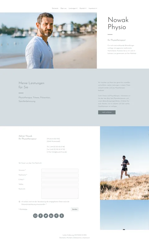 Ganze Startseite: Nowak Physio, Physiotherapie: Porträt am Strand, ruhige Typografie und Kontaktformular