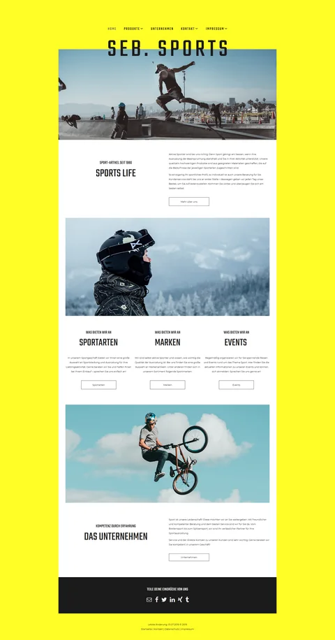 Ganze Startseite: Seb. Sports, Sportgeschäft: gelber Rahmen, Sportfotos und Bereiche für Sportarten, Marken und Events