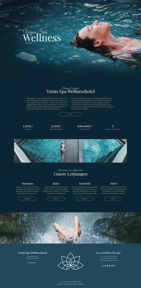 Ganze Startseite: Venus Spa, Wellnesshotel: Unterwasserbild im Kopf, Zahlen zum Haus, Leistungen auf tiefem Petrol