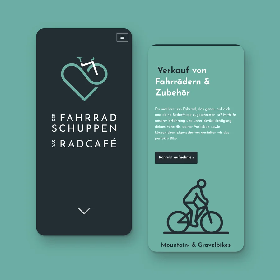 Zwei Bildschirme der Website auf dem Telefon: Startseite mit Logo und der Verkauf in Mint