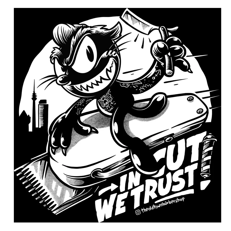 Der Sticker „In Cut We Trust“: eine Comicfigur auf einer Haarschneidemaschine, schwarz-weiß