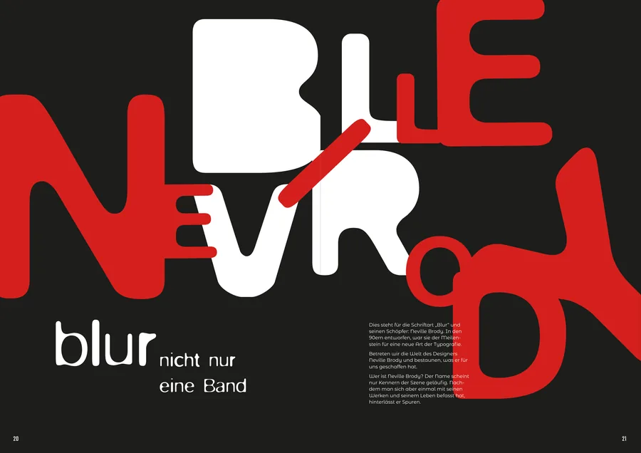 Doppelseite Neville Brody: rote und weiße Buchstaben auf Schwarz