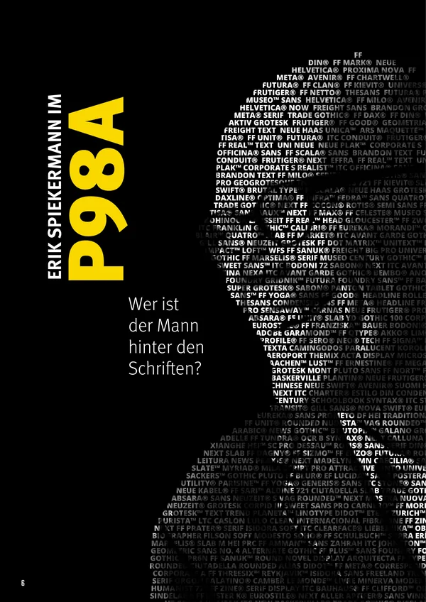Kapitelauftakt „Erik Spiekermann im P98A“ in Gelb auf Schwarz