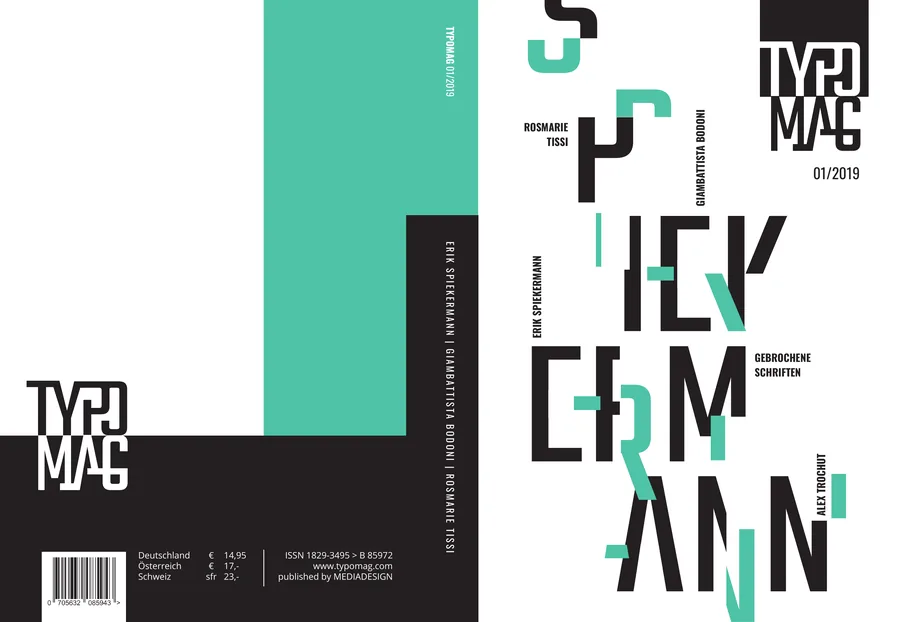 Umschlag des Typomag 01/2019 als Druckbogen: Rückseite mit türkiser Fläche, Titel mit Erik Spiekermann